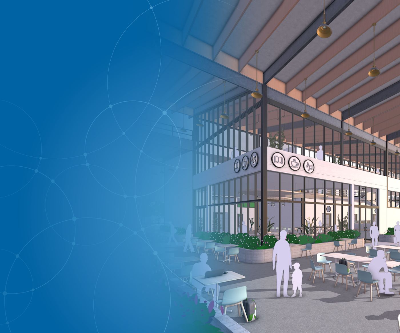 Zgrada projektovana i predstavljena u SketchUp, sa ljudima koji prolaze kroz prostor
